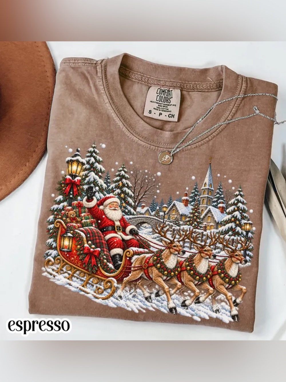 Comfort Colors Espresso Santa Sleigh Graphic Holiday Tee